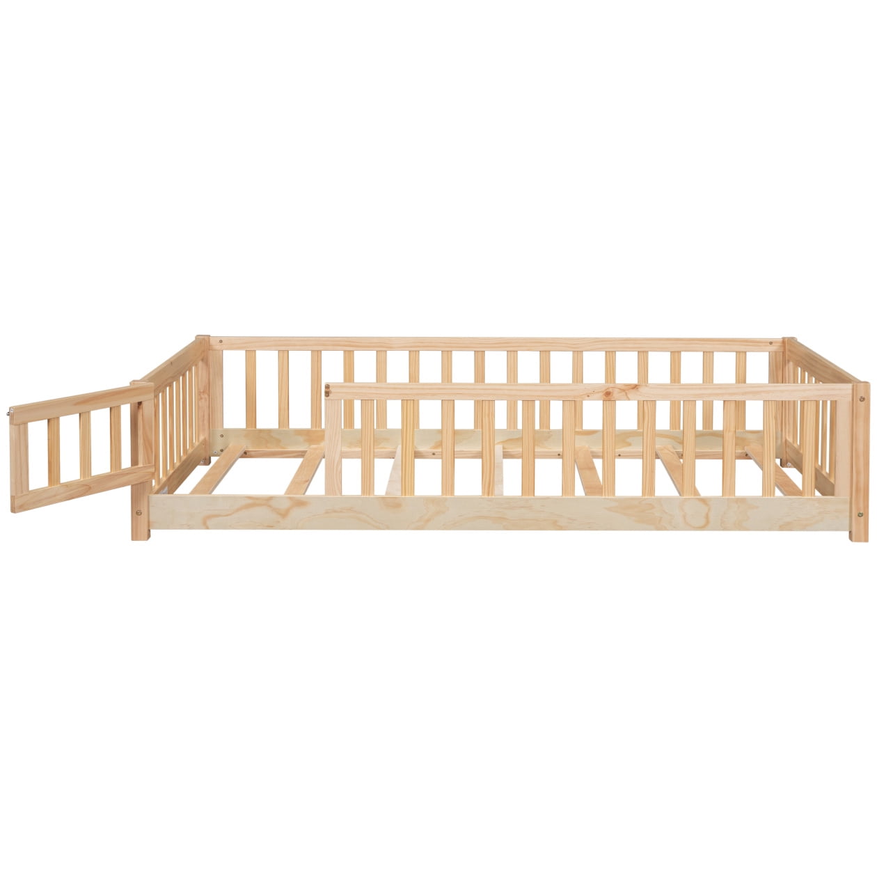 Twin Montessori Playpen Floor Bed Frame with Safety Guardrail Fence and Door, 79.5x41.8x17.5inch, Natural