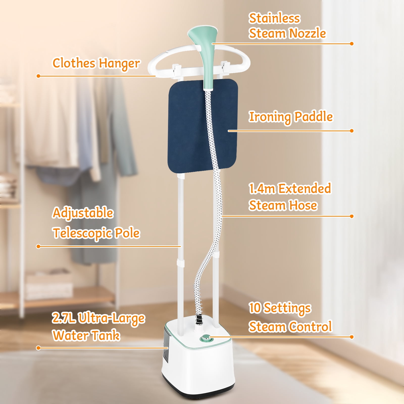 Advwin 2000W Garment Steamer for Clothes Standing, 10 Steam Levels, 2.7L Water Tank, Commercial and Household Use (Green)