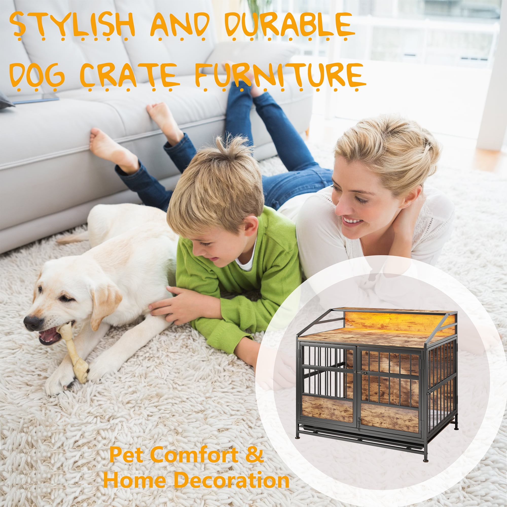 Dog Crates with Storage, Dog Crate Furniture Large Wooden Dog Kennel with Double Doors, for Large/Medium Dog Indoor, Brown
