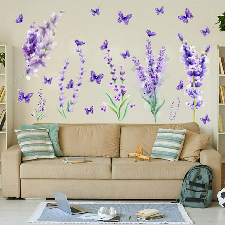 3D Flowers Wall Decals Purple Lavender Wall Stickers Flower Plant Butterfly Decoration DIY Removable Garden Lavender Floral Wall Art Decor for Kids