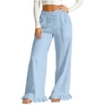 thumbnail image 4 of Hurxie Women's Linen Wide Leg Pants Drawstring Ruffle Hem Trousers | Casual Drawstring Palazzo Pants, Lightweight Breathable, loose fit,Summer Beach Vacation Ready Light Blue,S, 4 of 7