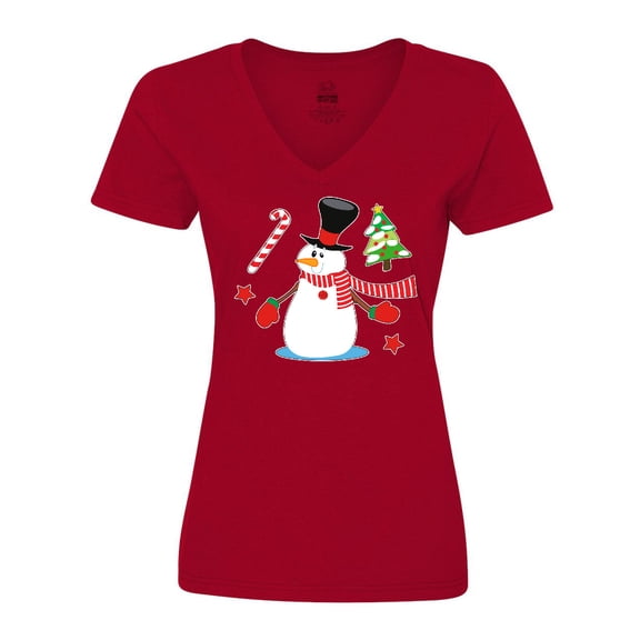 Inktastic Top Hat Snowman with Christmas Tree and Candy Cane Women's V-Neck T-Shirt