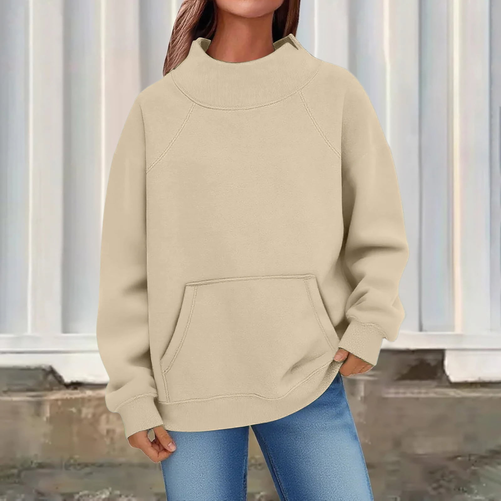 Dwellite Womens Oversized Sweatshirts Mock Neck Pullover Long Sleeve Fall Fashion Tops Beige L