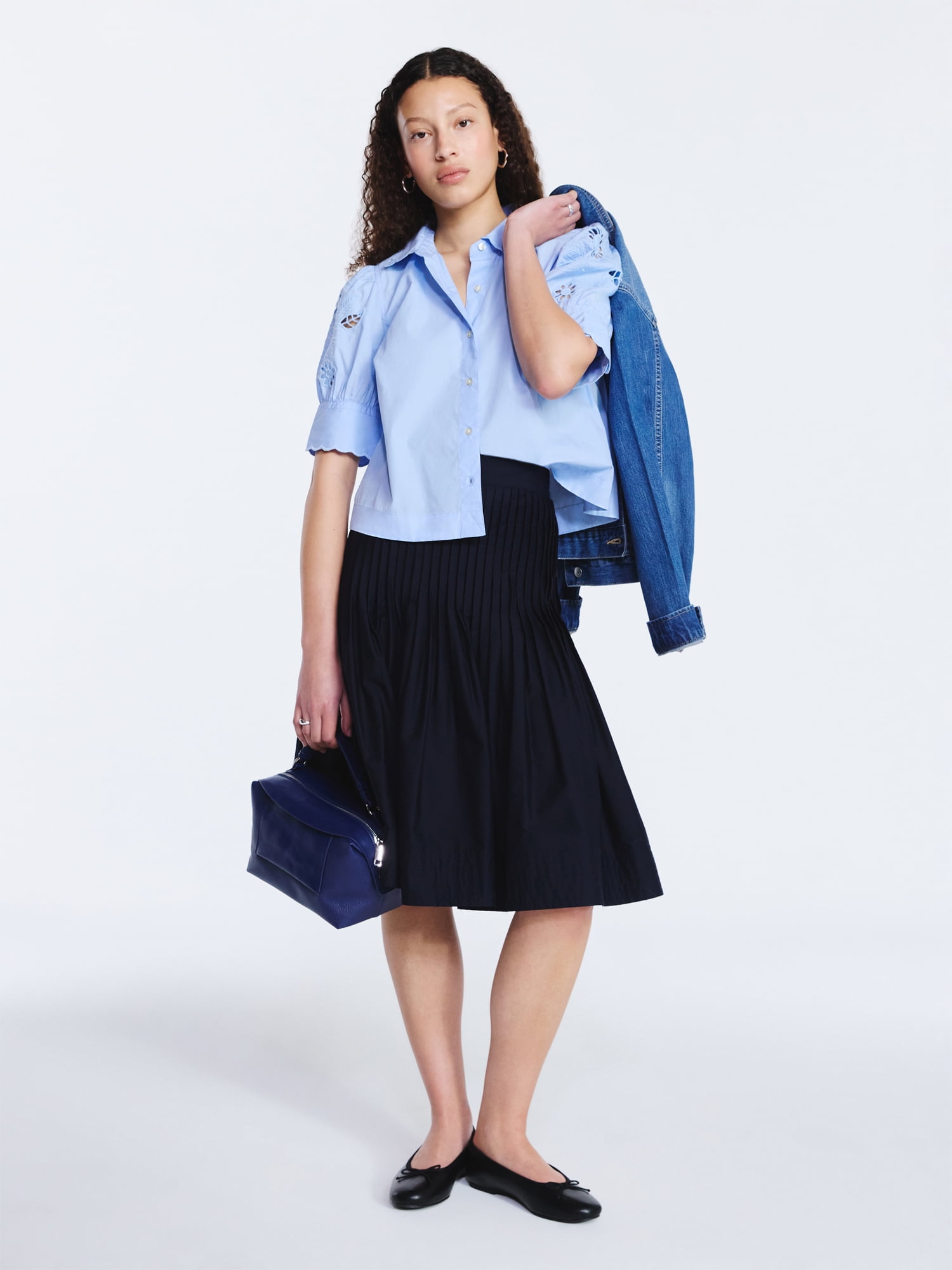 Free Assembly Women's and Women's Plus Cotton Eyelet Button Front Shirt with Short Sleeves, Sizes XS-4X