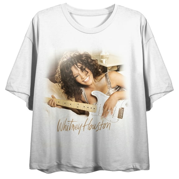 Whitney Houston Guitar Photo Art Crew Neck Short Sleeve Women's White Crop Top-XS