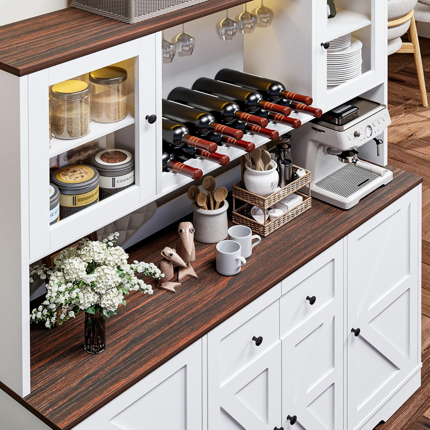 HAUXITIO 55"W Farmhouse Kitchen Pantry with Charging Station & Wine Rack,68" Tall Buffet Cabinet with Large Countertop for Dining Room,White