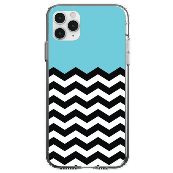 DistinctInk Clear Shockproof Hybrid Case for iPhone 13 Pro MAX (6.7" Screen) - TPU Bumper, Acrylic Back, Tempered Glass Screen Protector - Black White Blue Chevron - Black White Chevron Stripes