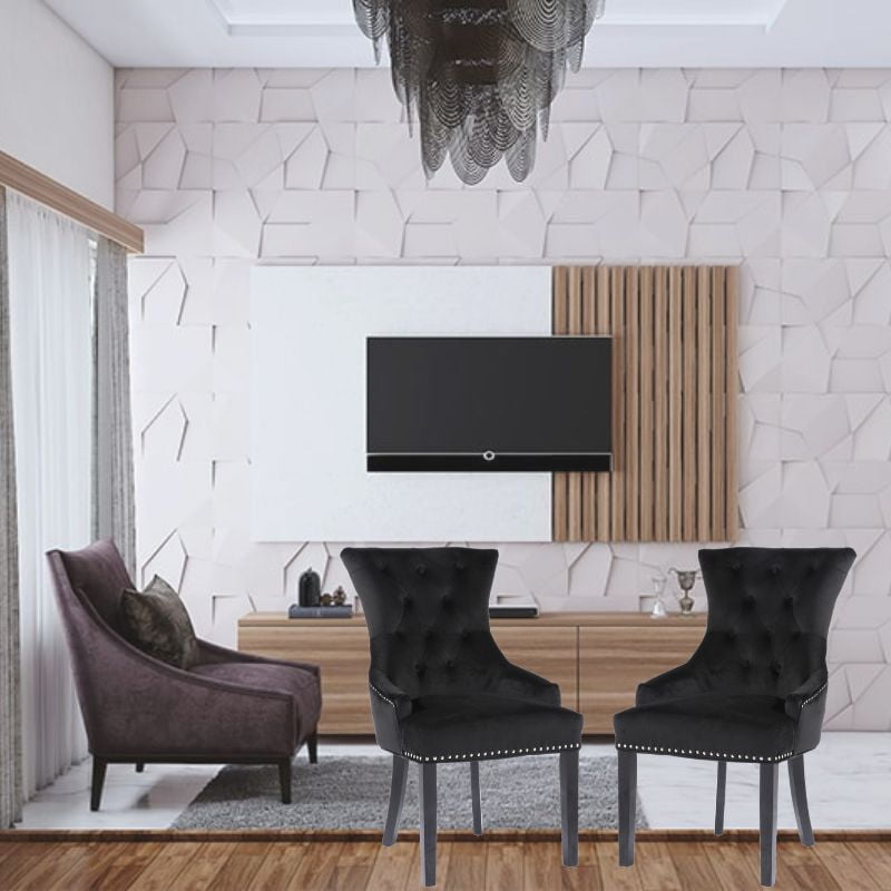 Bella Chair in Black, Nailhead trim and Tufted back Dining Chair, Velvet Upholstery Dining Chair for Kitchen and Living Room- Set 2