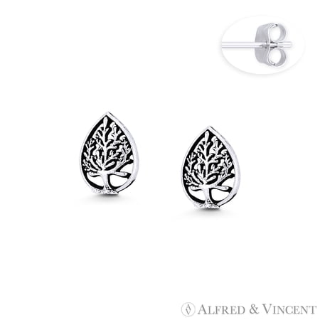 Tree-of-Life Etz Chaim Charm 9x6mm Stud Earrings in Oxidized .925 Sterling Silver
