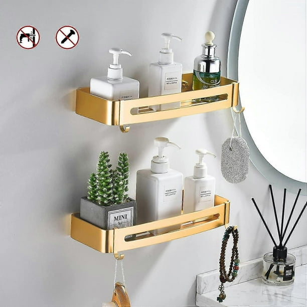 No Drilling Bathroom Shelves, Champagne Gold Metal Shower Storage Basket Shelf Wall Mounted Shower Gel Shampoo Organizer (2 Pieces)