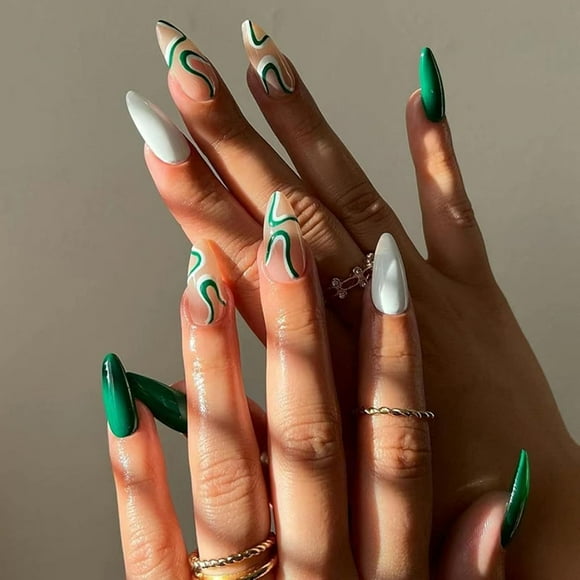 24-Pack Swirl Stiletto Pressed Nail Clips, Teal French Fake Nails Pattern, Wavy Fake Nail Clips with Nail Glue