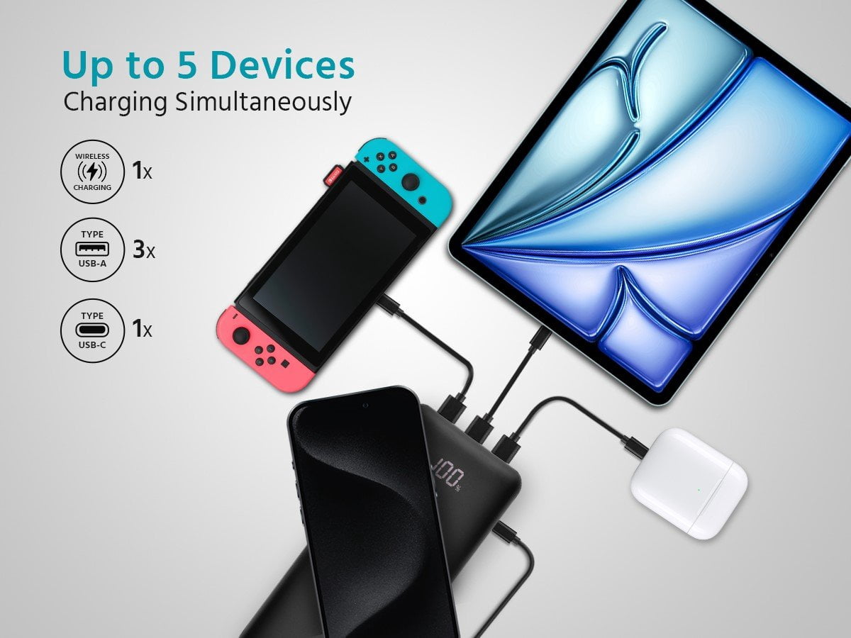 Monoprice 20,000 mAh Power Bank with Wireless Charging, PD 20W and QC 3.0 Fast Charging, Built-In Digital LCD Display, Charge Up to 5 Devices Simultaneously, For iPhone and Android Devices