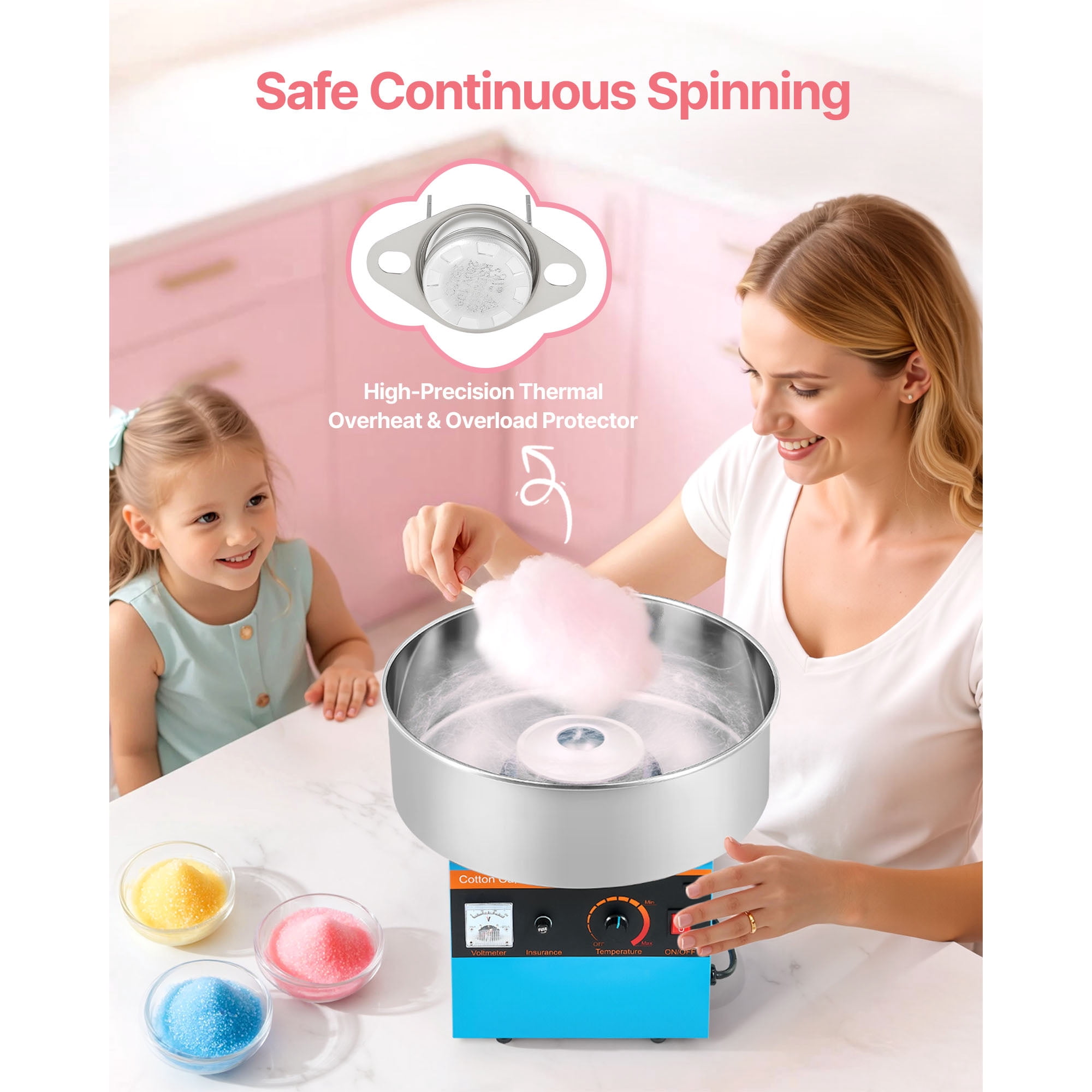 KFFKFF Commercial Cotton Candy Machine, 1000W Electric Floss Maker with 15-Inch Stainless Steel Bowl and Sugar Scoop, Ideal for Hard Candy Creations at Home, Kids' Birthdays, and Family Gatherings