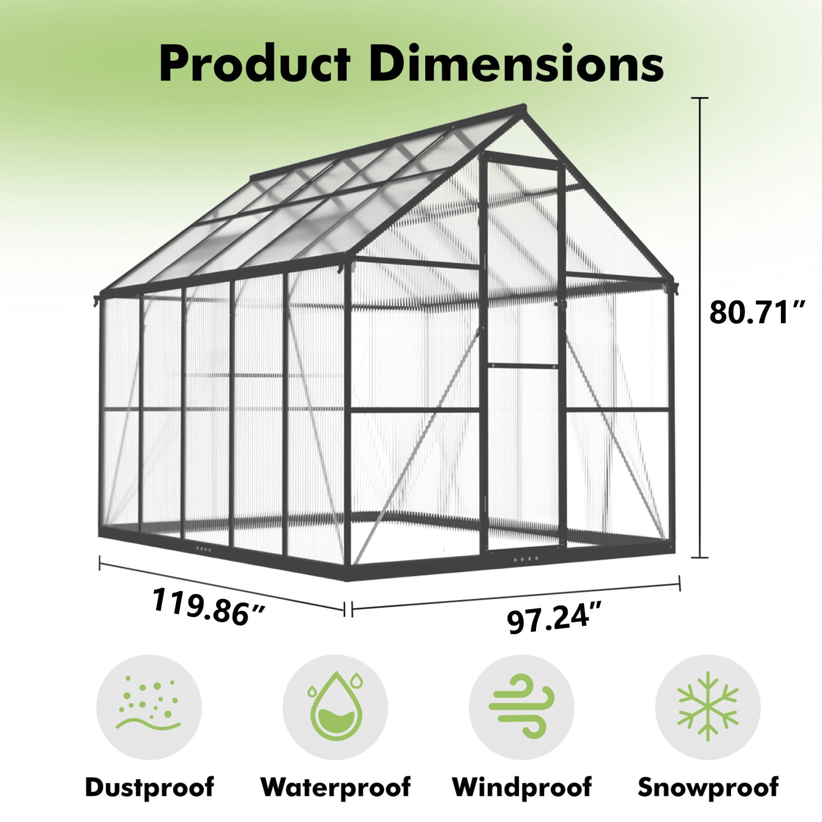 Sylviera 8x10ft Walk-in Greenhouse with Thermometer, Polycarbonate Panels, Reinforced Aluminum Frame, Large Backyard Green House with Roof Vents & Rain Gutter