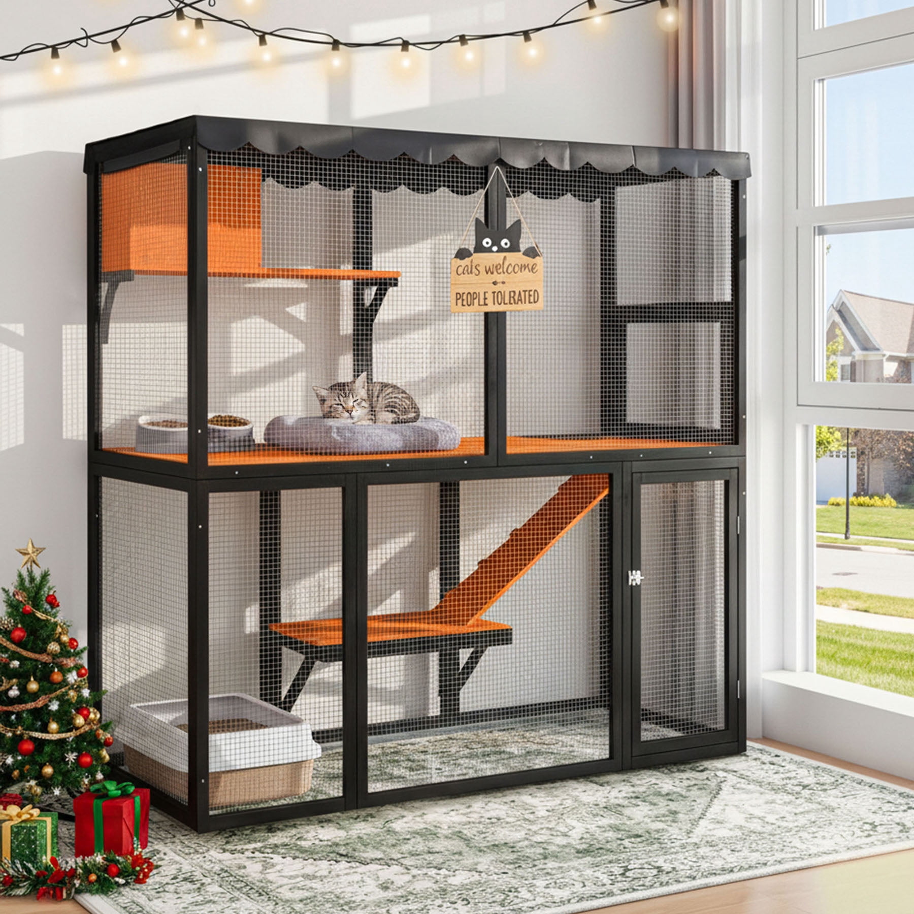 S-HOME Large Four-Tier Wooden Cat Enclosure in Black and Orange with Waterproof Cover and Ramp for Multiple Cats Indoor Outdoor Playhouse