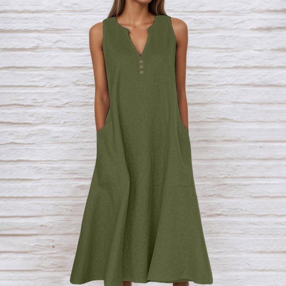 YMNXA Summer Dresses For Women Sleeveless V Neck Solid Color Comfortable Loose Fit Flowy Dress With Pockets For Casual Daily Wear,Army Green,L