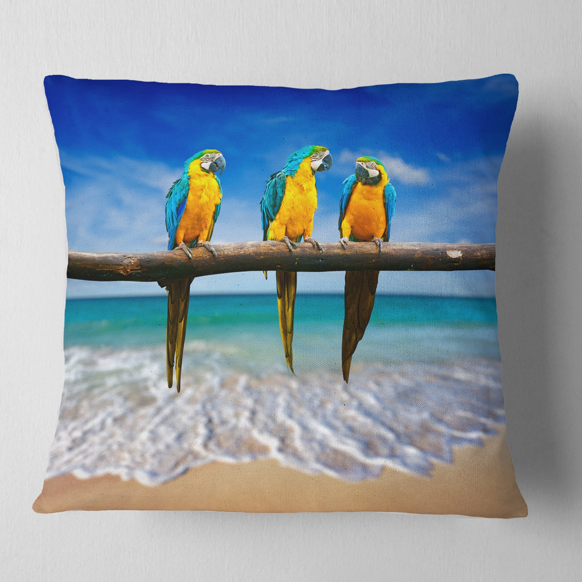 Designart Blue Gold Macaws at Beach - Seashore Photo Throw Pillow - 18x18