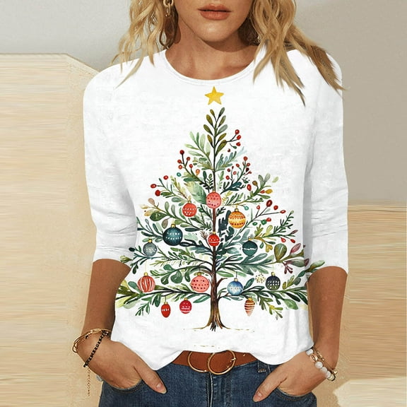 HOMBOM Fall Tops for Women Christmas Western Plus Size 3/4 Sleeve Xmas Reindeer White Females Tee Shirts