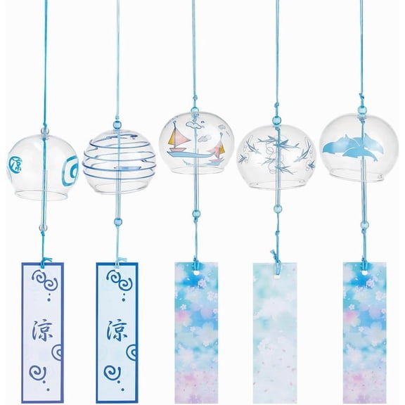 5pcs 5 Styles Japanese Wind Chimes Summer Theme Handcrafted Glass Wind Bells Glass Wind Bells Creative Hanging Pendants for Home Garden Wedding Indoor Outdoor Decoration Multi-color
