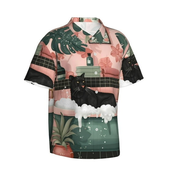 Lsque Black Cat Pink Bathroom pattern Hawaiian Shirt for Men, Unisex Summer Beach Casual Short Sleeve Button Down Shirts-Large