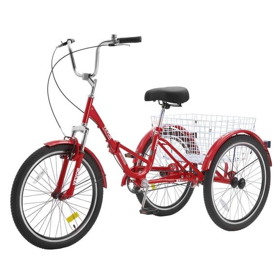 HCY Folding Adult Tricycle, 24-Inch Adult Folding Trikes, Carbon Steel 3 Wheel Cruiser Bike with Large Basket & Adjustable Seat, Shopping Picnic Foldable Tricycles for Women, Men, Seniors (Red)