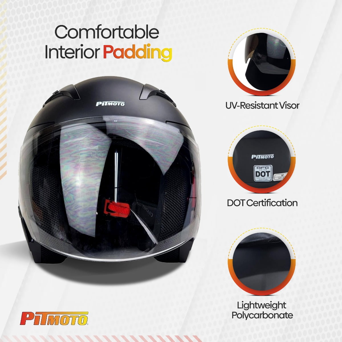 PITMOTO Open-Face Motorcycle Helmet. DOT, Model PM-768. -Matte Black -Medium