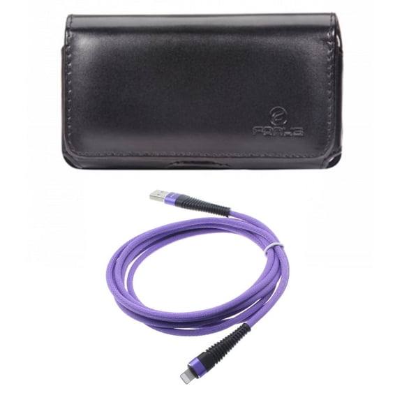 Purple 10ft USB Cable w Leather Case Belt Clip for iPhone XS Max - Charger Cord Power Wire Braided Long and Swivel Holster Loops Cover Pouch