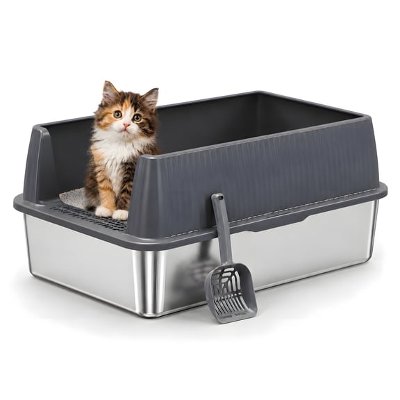 Stainless Steel Litter Box, Bug Hull Cat Litter Box, Metal Litter Pan with Lid, Extra Large Litter Box with Scoop, Dark Gray