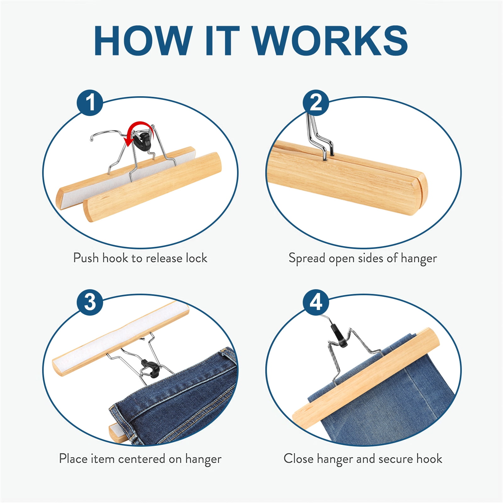 BagDream 12 Pack Wooden Pants Hangers with Clips, Smooth Finish Solid Wood Non Slip Skirt Hangers Jeans Slack Clamp Hanger, Natural