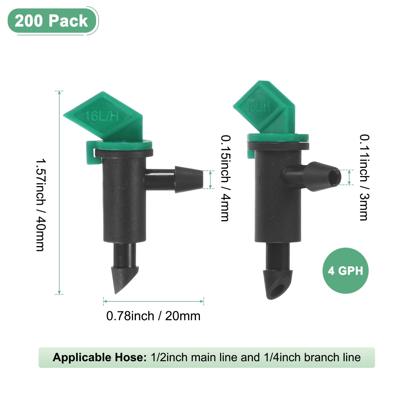 Uxcell 200-Pack Flag Irrigation Dripper Emitter, 16L/H 4 GPH Plastic Drip Irrigation Connect Irrigation System Parts Tool [Green]