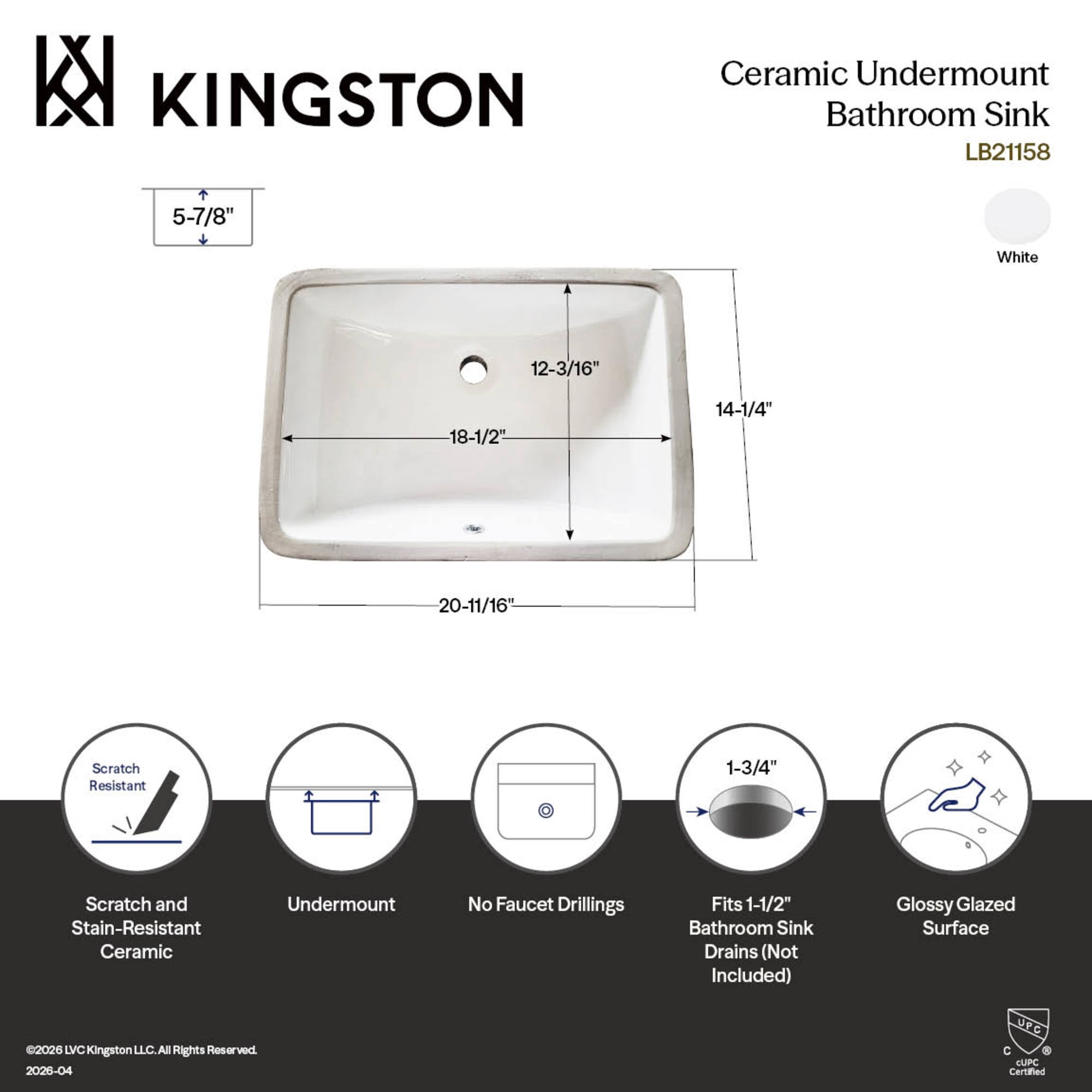 Kingston Brass LB21158 Piazza 21-Inch Ceramic Rectangular Undermount Bathroom Sink in White
