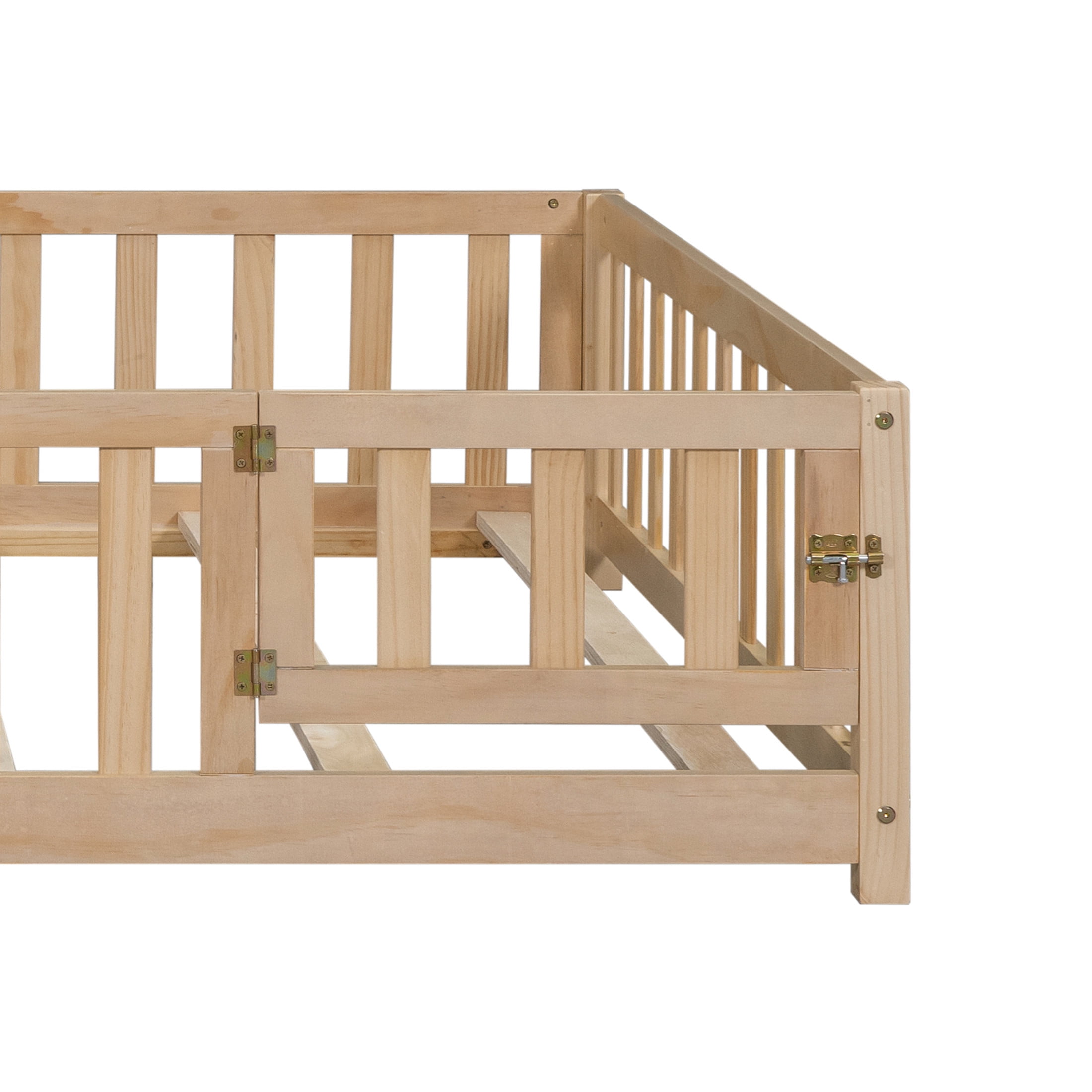 Noble House Full-Size Montessori Floor Platform Bed, Solid Wood Floor Beds with Fence & Door, Toddler-Safe, Natural