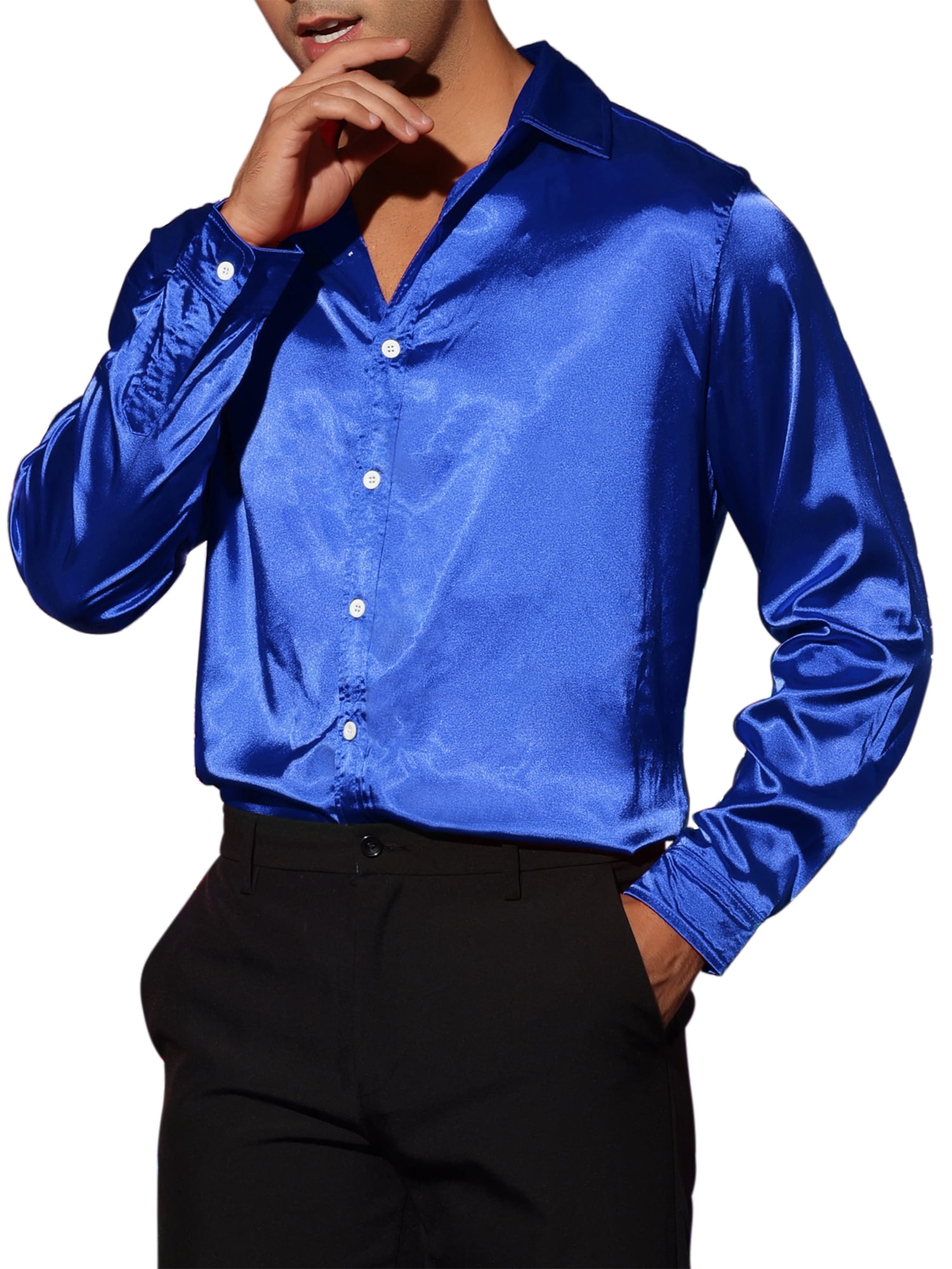 Unique Bargains Men's Satin V Neck Long Sleeves Button Down Prom Shirts XL Blue