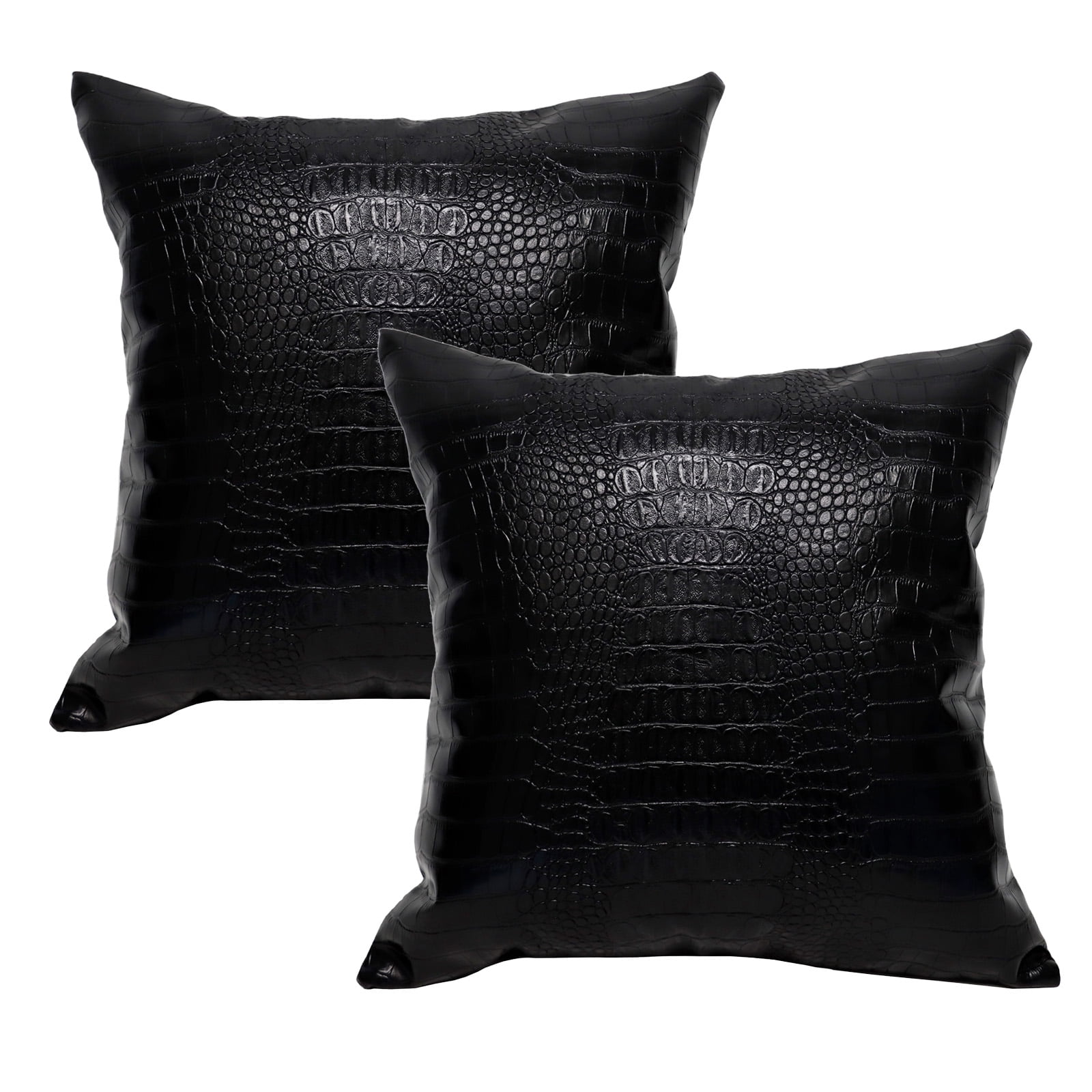 MUKA 2 Pcs Faux Leather Throw Pillow Covers 18 X 18 Inches, Solid Dyed Crocodile PU Leather Sofa Backrest Throw Pillow Cover-Black