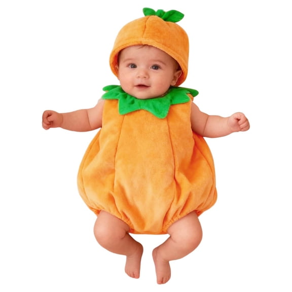 FYDUU Baby Pumpkin Costume, Newborn Bodysuit Onesie Soft Plush Sleeveless Pumpkin Romper with Matching Hat, Cute Infant Halloween Photo Outfits