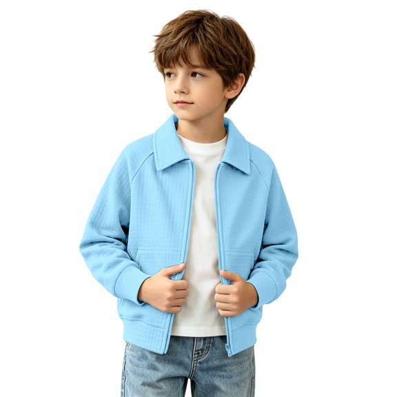 SERTGUTR Boys Waffle Knit Jacket Turn Down Collar Full Zipper Long Sleeve Pocket Design Solid Color Casual Top Everyday School Fall Winter Coat