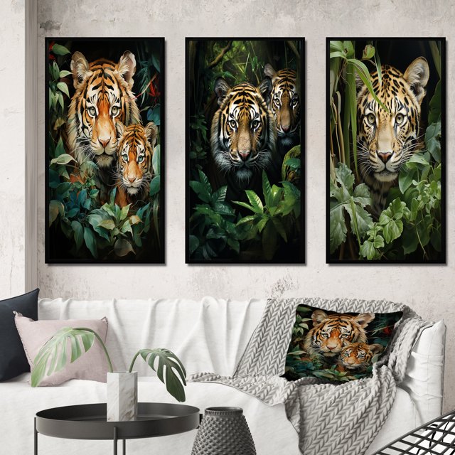 Designart "Tigers In Asian Painting IX" Asian Framed Wall Art Set Of 3 - Green Asian Art Frame Gallery Set For Office Decor