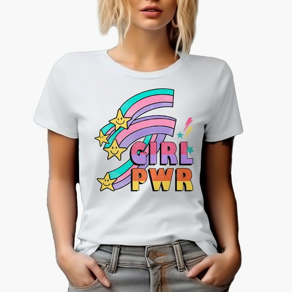 Girl Pwr, Retro Feminist Art Merch Gift, White T-Shirt, Small