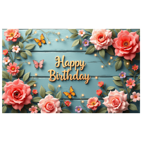 Floral Design Happy Birthday Banner Butterfly Pattern Decorative Flowers Celebration Backdrop for Birthday Party Indoor Decoration Event