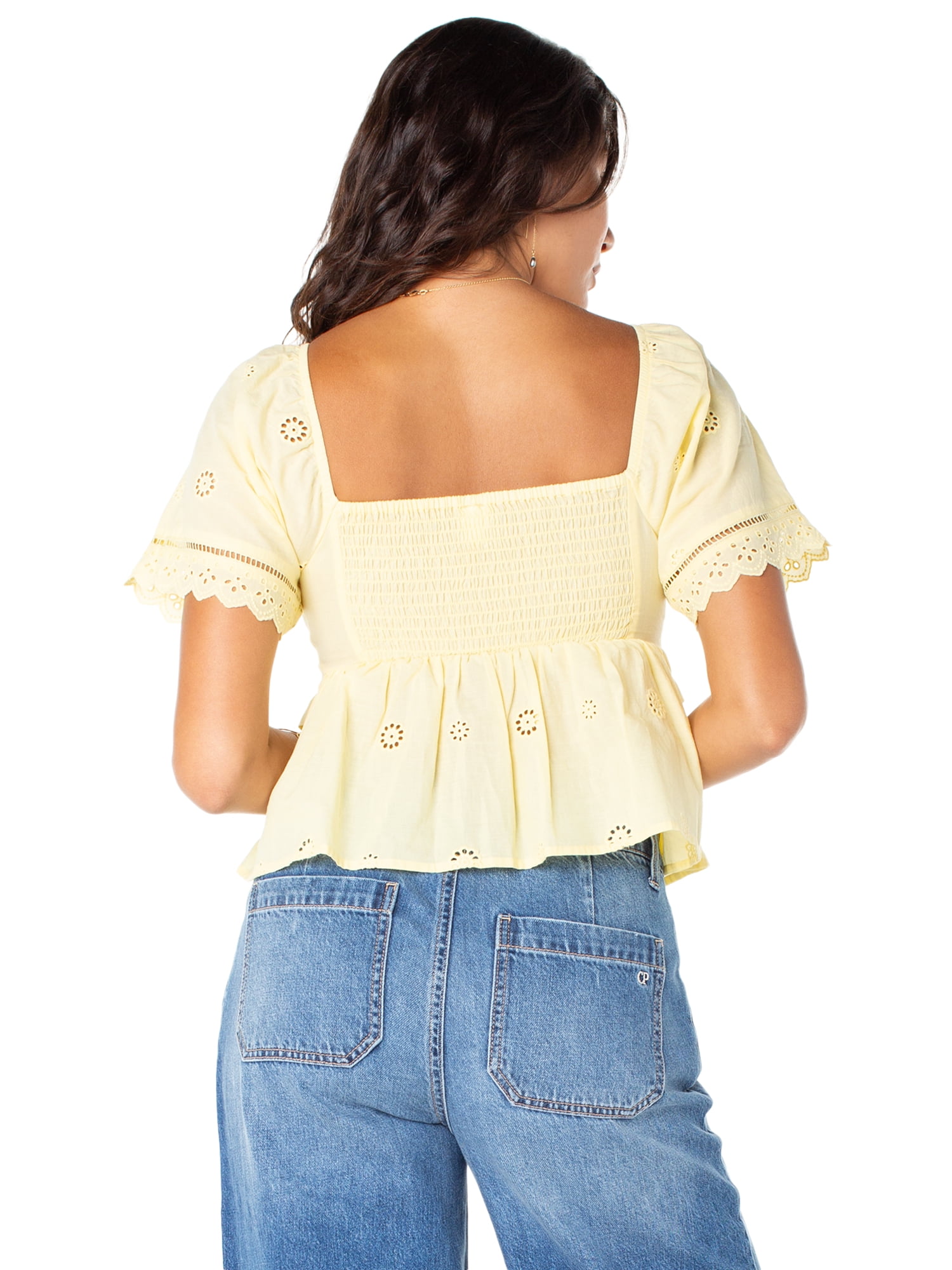 Celebrity Pink Women's Embroidered Eyelet Peplum Top, Sizes XS-XXXL