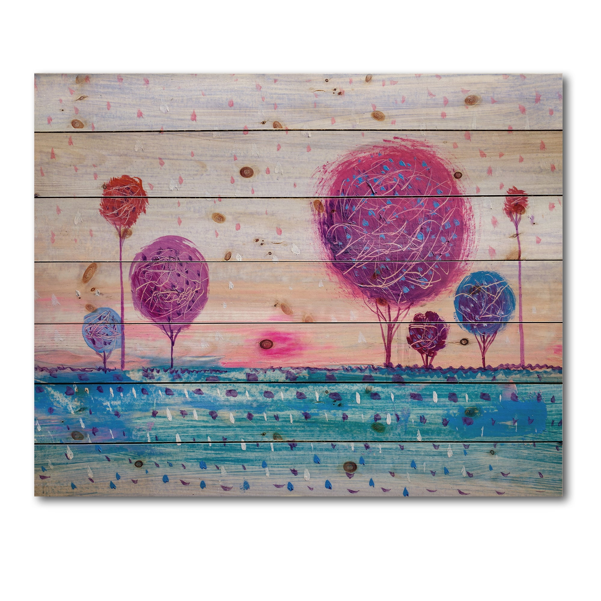 Designart 'Purple Coloured Tree Impression Landscape II' Modern Print on Natural Pine Wood