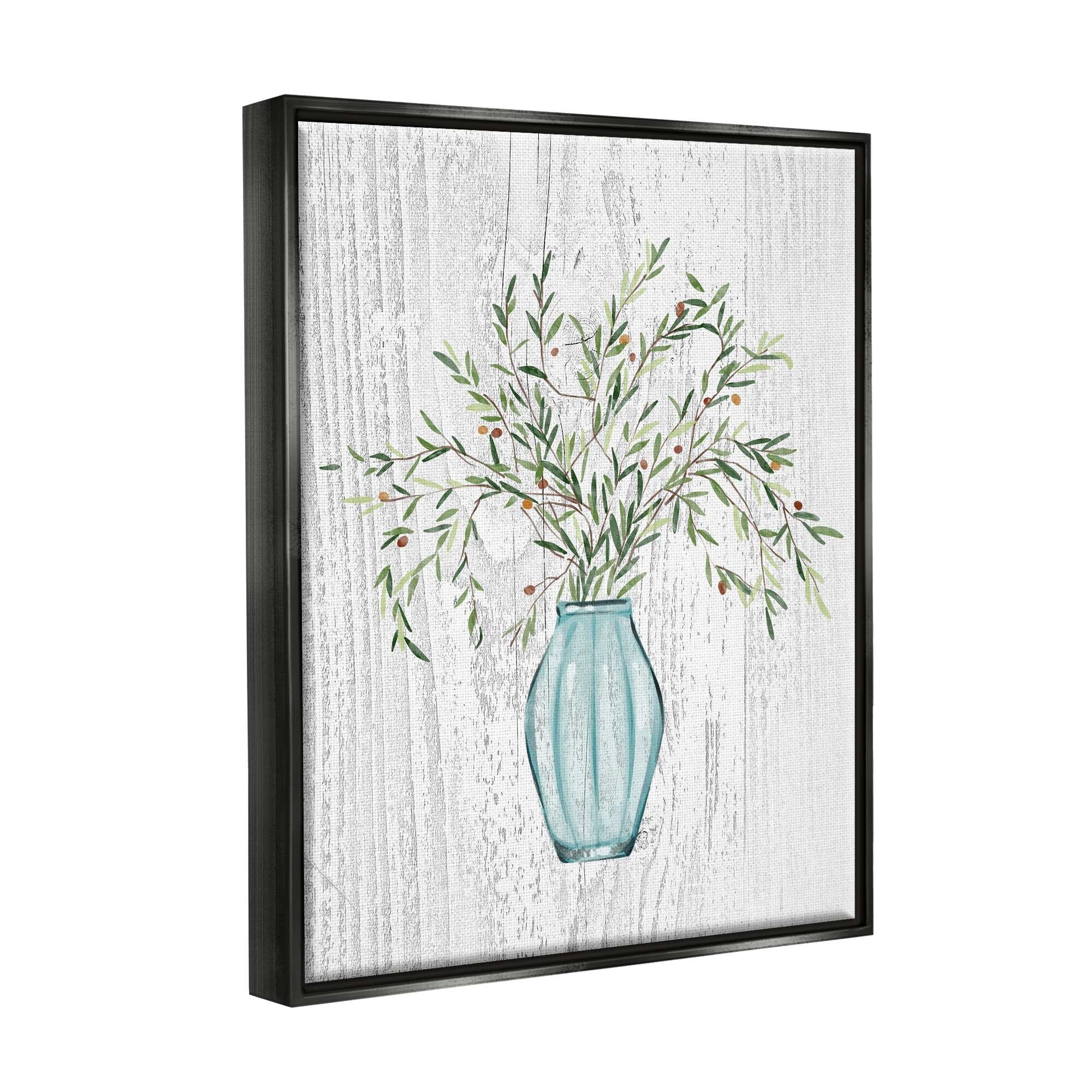 Stupell Industries Rustic Herbs Plants Budding Blue Glass Vase Graphic Art Metallic Gold Floating Framed Canvas Print Wall Art, Design by Ziwei Li