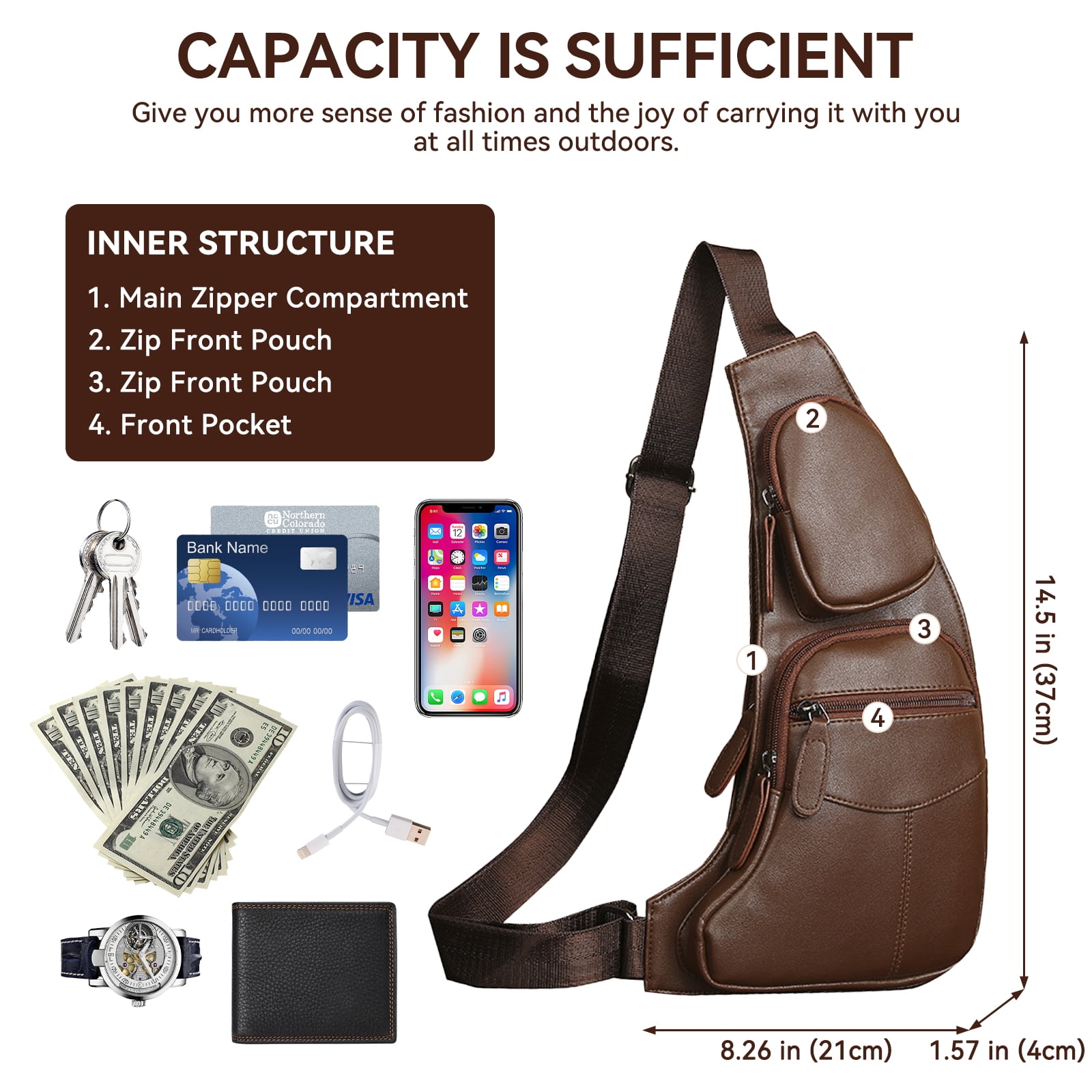 Egoelife Vintage Leather Sling Bag Crossbody Backpack for Men Outdoor Travel Crossbody Pouch Day Pack Backpacks