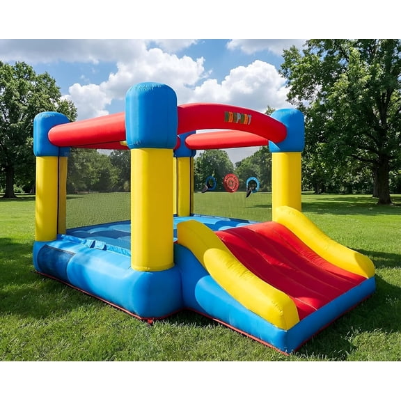 NBSPORT Inflatable Bounce House for Indoor & Outdoor Use, Kids Ages 3-8 with Slide, Large 6.7'x8.4' Jump Zone, Includes Blower