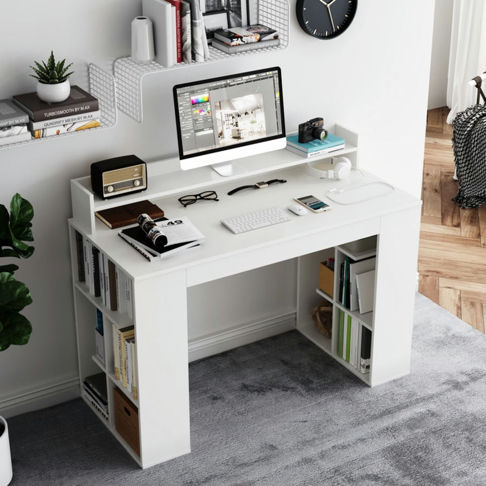 Demi Bonn Office Computer Desk with Dual 3 Tier Bookshelf and Monitor Shelf, Small Home Office Desk Study Writing Table, White