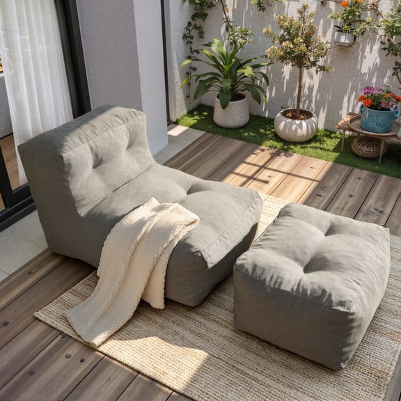Toject Bean Bag Chair with Ottoman, Indoor & Outdoor Weather-Resistant Lounge Chair, No Assembly Required Ergonomic Floor Sofa with Full Back Support, 330 lbs Capacity , Grey