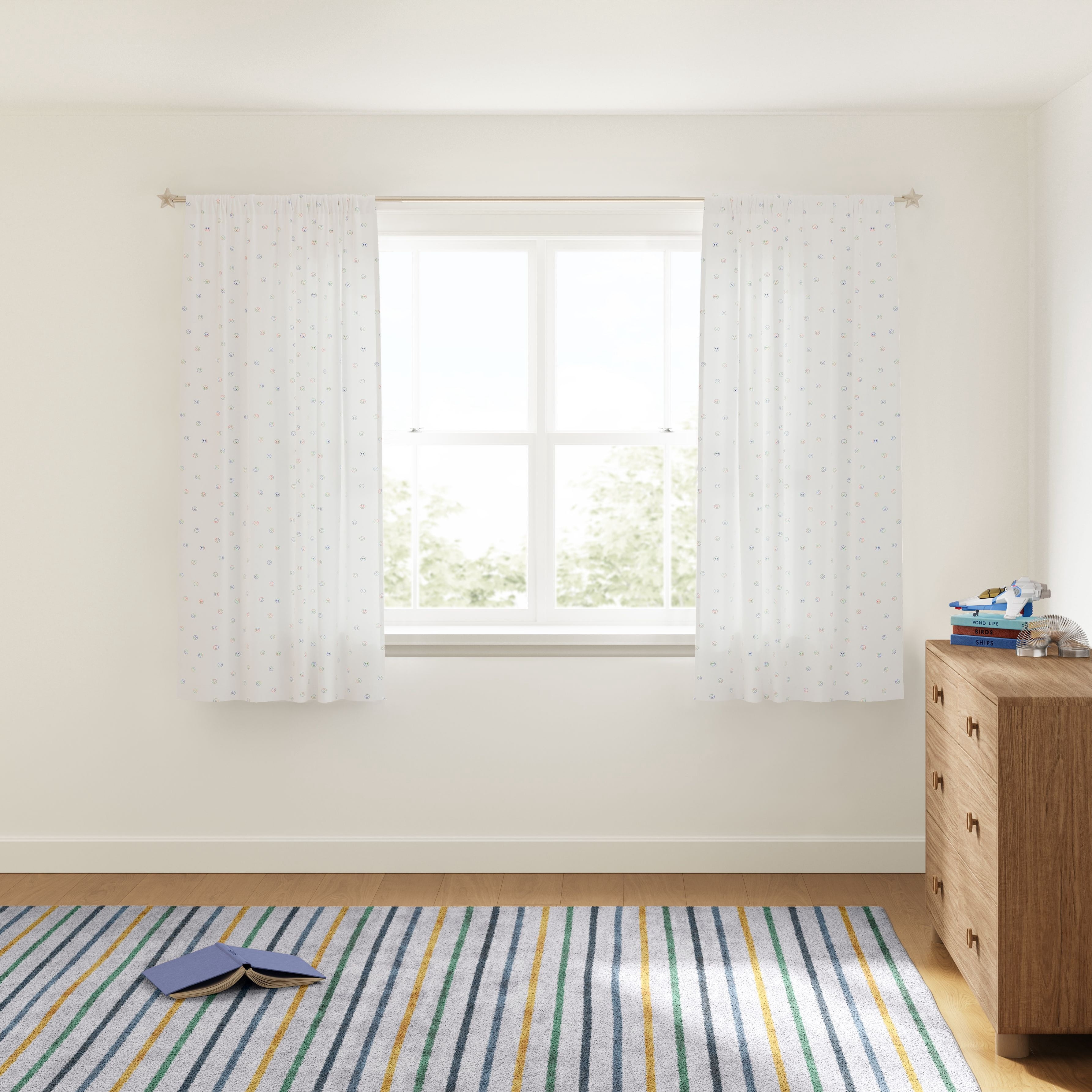 Mainstays Kids White and Multicolor Emoji Sheer Single Panel Curtain, 38" W x 63" L