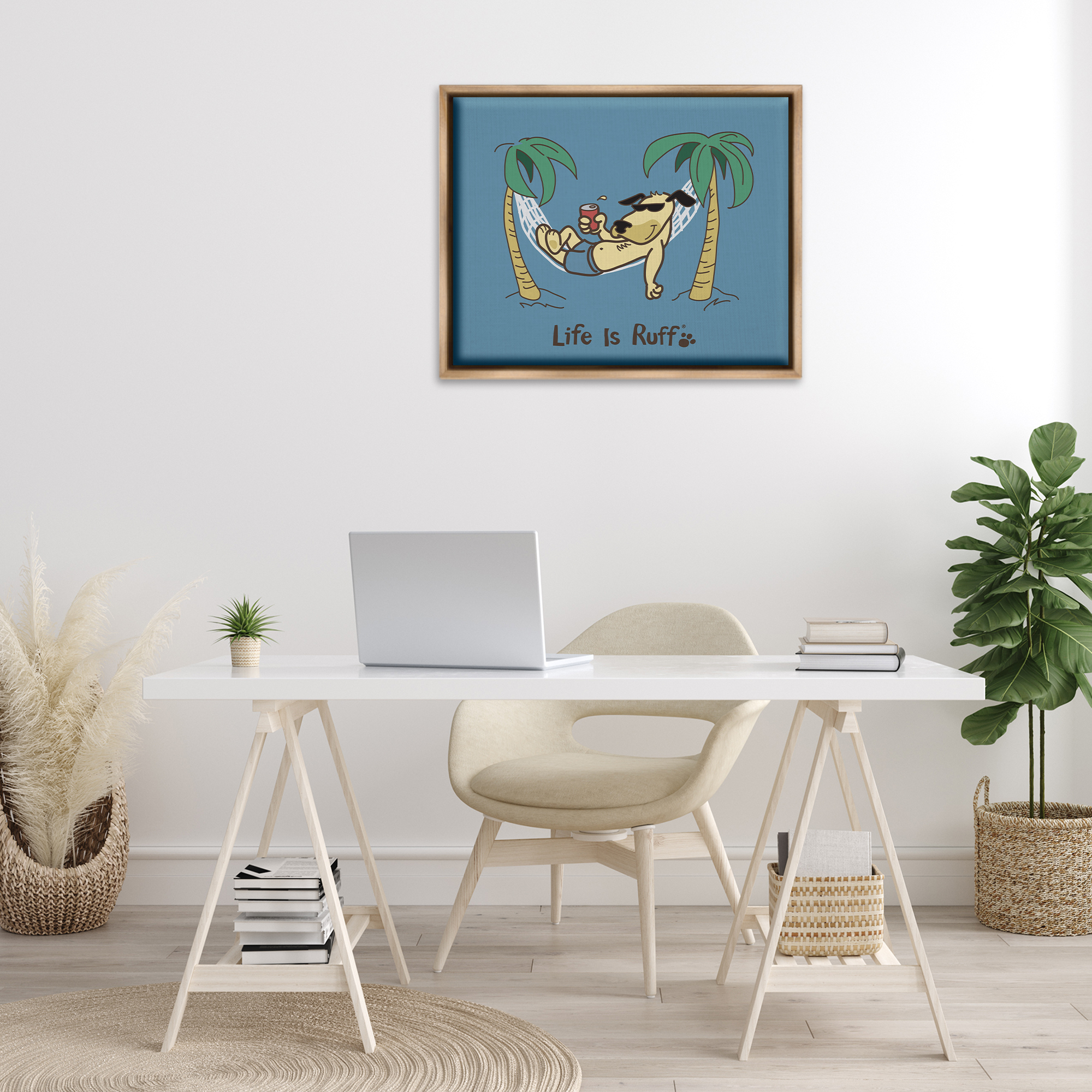 Stupell Industries Tropical Dog on Hammock Animals Painting Brown Floater Framed Canvas Art Print Wall Art, 31 x 25