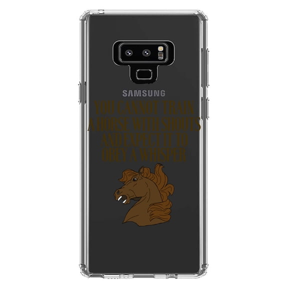 DistinctInk Clear Shockproof Hybrid Case for Samsung Galaxy Note 9 - TPU Bumper Acrylic Back Tempered Glass Screen Protector - Can't Train Horse with Shouts & Expect Whisper