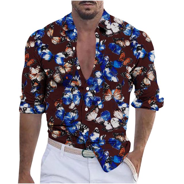 Blusa y camisa de manga larga con cuello vuelto para hombre, informal, a la moda, con botones, estampado, de poliéster